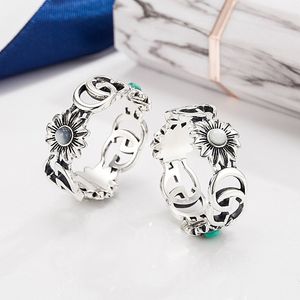 Zilveren S925 dubbele bloemring Kleine daisy turquoise universele paar voor mannen en vrouwen handtekening aanbiedingen