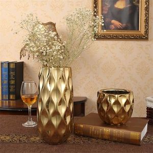 Северная керамическая ваза золотой большой рот цветочная композиция гостиная ремесло украшения сушеный горшок рыба 211215