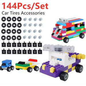 144 PCS / Set Blocks Acessórios Mini Roda Eixos Pacote de Carro Pneus Building Blocks Compatível Brand City Carro Brinquedos Peças Pequenas Peças Q0624