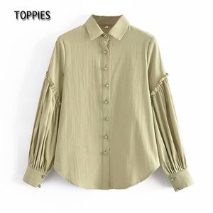 Camisas de algodão verde de feijão de primavera Ruffles manga comprida blusas tops Mulheres pérolas botão 210421