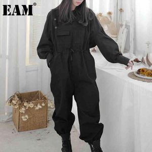 [EAM] Loose Fit Women Black Drawstring Jumpsuit High Waist Pocket Stitch Pants Fashion Spring Autumn 1DD6280 21512