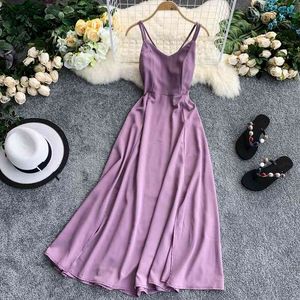 Frauen Urlaub Langes Kleid Kreuz Schlinge Rückenfreies Einfarbig Kleid Strand Stil Sexy Split Swing Kleid Frauen Lila Dreess GD356 X0521