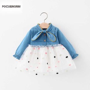 FocusNorm Autumn Infant Baby Girls Dress Drukuj Koronki Patchwork Z Długim Rękawem Łuk Tutu Mini Dress 2 Kolory Q0716