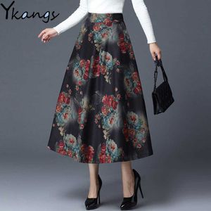 Vintage Winter Skirt Female Plus Size Plaid Flower Print Women'S Maxi High Waist Warm Wool Elegant Office Lady 210619