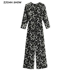 Frühling anpassen Taille Dot Print Langarm Overall Frauen O Hals breites Bein voller Länge Hosen Strampler Overalls Urlaub 210429