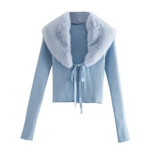 Kvinnor Faux Fur V-Neck Patchwork Cardigan Knitting Korttröja Kvinnlig Chic Långärmad Single Breasted Slim Blue Tops-Sale 210430