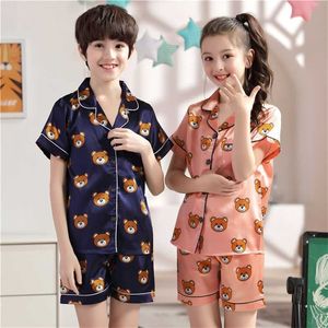 Fake Silk Boys Pajamas Kids Home Pajama Sets Girls Pyjamas Cartoon Sleepwear Baby Nightwear Summer Pijamas for 211130