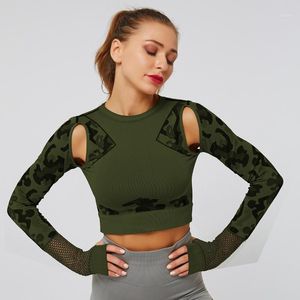 Yoga Outfit Långärmad Öppning Stickade Sport Strumpbyxor Navel Seamless Andningsskydd T-shirt ActiveWear Open Back Top Gratis Shiping