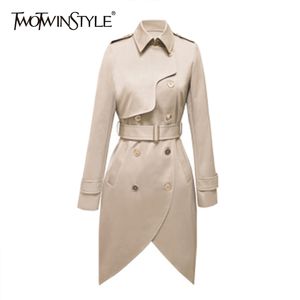 Asymmetrical Windbreaker For Women Lapel Collar Long Sleeve High Waist Belt Slim Trench Coat Female Autumn 210524