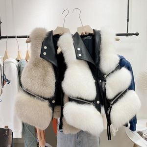 Design Kvinnor Slå ner Krage PU Läder Patchwork Faux Fur Zipper Dekoration Ärmlös Kort Vest Coats Casacos