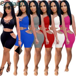 Kvinnor Tracksuits Two Pieces Set Designer Bandage Hollow Out Sexig Slim Solid Färg Jogger Sätter Yoga Outfits Plus Size Sportwear