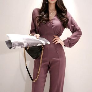 Wysokiej jakości Spring Button V Collar Office Women Cloth Long Pant Slim High Hist Striped Compantes Work Casual Kombinezon 210603