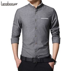 Moda Rahat Erkekler Gömlek Uzun Kollu Mandarin Yaka Slim Fit Kore Business S Elbise S Giysileri M-5XL 210626