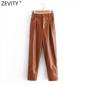 Zevity женская мода твердые повседневные карманы PU кожаные брюки гарема шикарные молния мусорные брюки Femme Pantalones Mujer брюки P978 210603