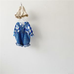 韓国風ファッション赤ちゃん男の子衣装0-2年の長袖チェック柄トップスとデニムオーバーオール衣服セット210508