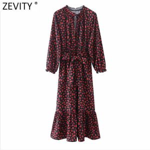 Zevity Women Vintage V Neck Rose Flower Print Pleats Ruffles Midi Dress Female Bow Sashes Chic Vestido Casual Cloth DS5026 210603