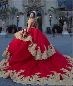 Red Gold Applique Vestidos de 15 Anos Quinceanera Vestidos 2021 Frio Ombro Cristal Frosted Lace Layers Princesa Bola Vestidos Prom Sweet 16