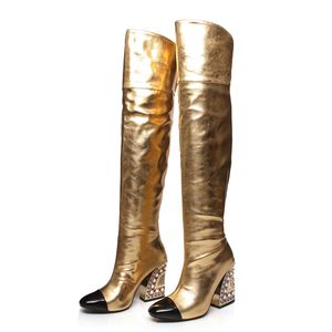 Gold Oberschenkel hohe Stiefel Kristall Lange Stiefel Echtes Leder Mode Ritter Stiefel Hoher klobiger Absatz Overknee Booties Schuhe Frau