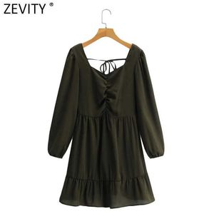 Zevity Women Vintage Pleats Square Collar Mini Shirt Klänning Kvinnlig Chic Back Lace Up Casual Slim Zipper Kimono Vestido DS8196 210603