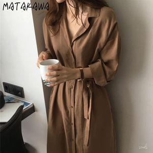 MATAKAWA Fashion Women Windbreaker Autumn Womens Clothing Korea Chic Shirt Dress Lace Up Waist Thin Long Trench Coat 210513