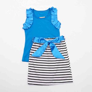 女の子服セット夏の真菌袖ベストトップ+縞模様のスカート2個の赤ちゃんカジュアル子供210515