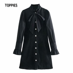 Vintage Black Denim Dress Women Long Sleeve Spliced Shirts Bow Tie Ruffles Chic vestidos Streetwear 210421