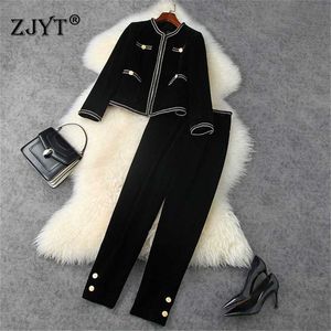 Runway Fashion Fall Vinterbyxor Set Kvinnor Elegant Full Sleeve Vintage Velor Jacka och Byxor Suit Office Outfits 211109