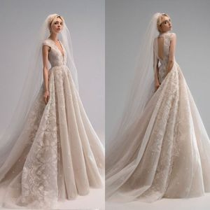 Ersa Atelier 2021 Bröllopsklänningar En linje Brudklänningar Kortärmad V Neck Lace Beaded Appliqued Robe de Mariée