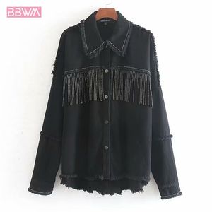 Armén grön lapel stilig överdimensionerad beading dekorera denim kvinnor jacka tofs långärmad kappa kvinnliga outwear lösa toppar svart 210507