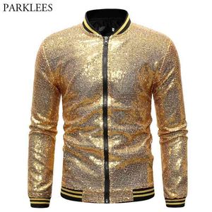 Mens Shiny Gold Paillettes Varsity Jacket Coat Bling Glitter Nightclub Disco DJ Giacca Bomber Uomo Party Stage Prom Chaqueta 210522