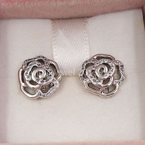 Andy Jewel Authentic 925 Sterling Silver Studs Silver Rose Earring med Clear CZ passar europeiska Pandora -stilsmycken