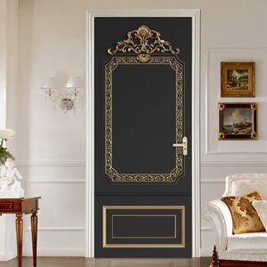 Европейский стиль 3D рельеф золотой двери стикер настенные обои Обои из ПВХ гостиная спальня украшения двери самоклеящиеся наклейки 210317