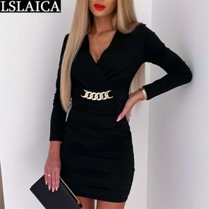 Elegante vestido manga longa metal corrente ruched moda mulher magro escritório senhora cor sólida festa de noite sukienka damska 210515