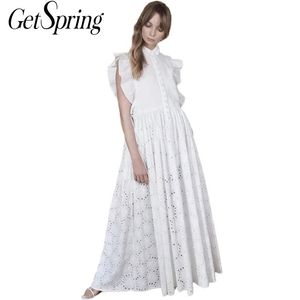 GetSpring Abito donna ricamo manica corta maxi volant coulisse bianco orlo largo vita alta vintage es 210601