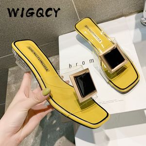 Fashion Square Buckle High Heels New Summer Shoes Woman Metal Transparent Square Mid Heel Mules Shoes Female Open Slippers Women