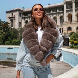 Fursarcar Högkvalitativa riktiga pälsrockar Vinter Kvinnor Coats Fashion Warm Fur Collar Jean Splice Jacket Kvinna överrock 211110