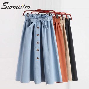 SURMIITRO Spring Summer Skirts Womens Midi Knee Length Korean Elegant Button High Waist Skirt Female Pleated School Skirt 210712