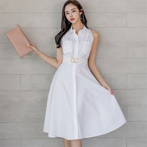 Vit skjorta klänning för kvinnor sommar ärmlös notched nacke polyester sundress sexiga damer kontor en linje klänningar 210602