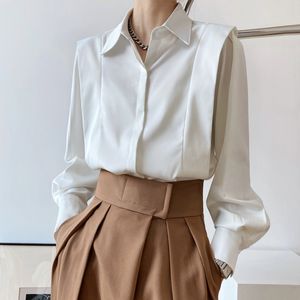 Women Black Minimalism Satin Ruffles Blouse Lapel Long Sleeve Loose Fit Shirt Fashion Spring Summer 2F0509 210510