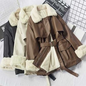 Eather Clothes Winter Korean PU Fur Fur Collar Lace Up Plush Jacket Mode Motorcykel Clothes Coat 211109