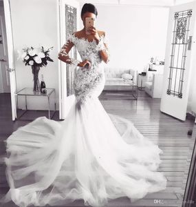 Glamorous African Sexy Sukienka ślubna 2022 Koronki Mermaid Aplikacje Suknia Ślubna Sheer Neck Plus Size Bride Rates de Mariée Długie Rękawy