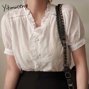 Yitimuceng Beyaz Gömlek Kadın Ruffles Düğme Yukarı Tops Kore Moda Bluz Unicolor Kısa Puf Kollu Ofis Lady Yaz 210601