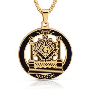 Promotion High Quality Masonic Lodge Freemason Signet Charm Pendants Rostfritt Stål Silver Guld Svart Fraternal Mason Kompass och Fyrkantig Halsband Smycken Till Salu