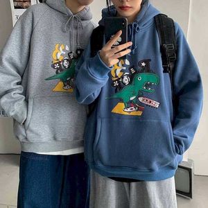 men Hodiesr hooded sweatshirt graphic clothe couple loose dinosaur cartoon trend all-match Hong Kong style student jacket 210526