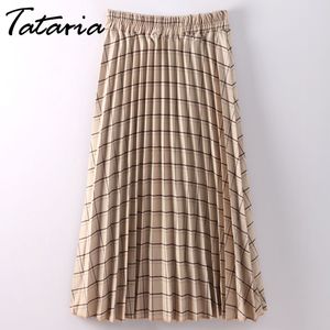 High Waist Skirt Pleated Women Vintage Summer Cotton Saia Mid Long Plaid Female Ealstic s For Woman Causal 210514