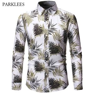 Camicie a maniche lunghe stampate a foglia stile hawaiano autunnale Camicie a maniche lunghe da uomo Fashion Flower Casual Slim Fit Button Up Camisa Uomo 210524