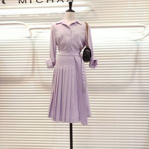 春のソリッドの高い腰のターンダウンカラー長袖プリーツの緩い婦人服女性のシャツのドレスQH229 210510