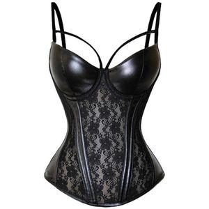 Womens Gótico Sheer Lace Vinyl couro de Vinil Overbust Corset Bustier Plus Size Black Spaghetti Strap Slim Cintura Cincher BodyShaper 3xl