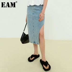 [EAM] High Waist Blue Denim Bandage Slit Temperament Long Half-body Skirt Women Fashion Spring Summer 1DD8730 21512