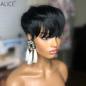 Kort spetsfront peruker brasiliansk remy mänsklig hår peruk för kvinnor pixie skära rakt 150% glatt pre plocked